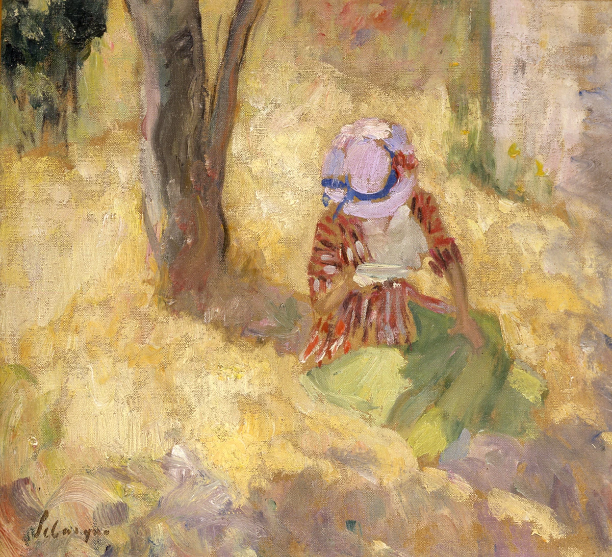 Giovane donna che legge in un giardino